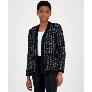 Anne Klein Women's Open-Front Mixed-Stitch Cardigan Tweed Look Black & White S
